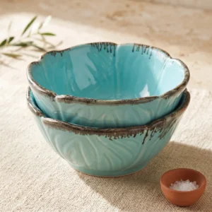 Teal Edgestone Handcrafted Ceramic Serving Bowls Set of 2 – Scallop Rim, 8 Inch, 1200ml