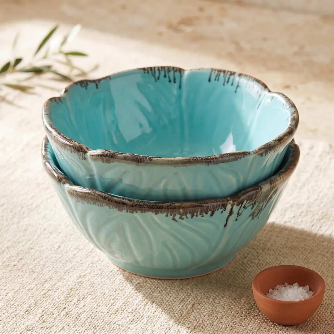 Teal Edgestone Handcrafted Ceramic Serving Bowls Set of 2 – Scallop Rim, 8 Inch, 1200ml