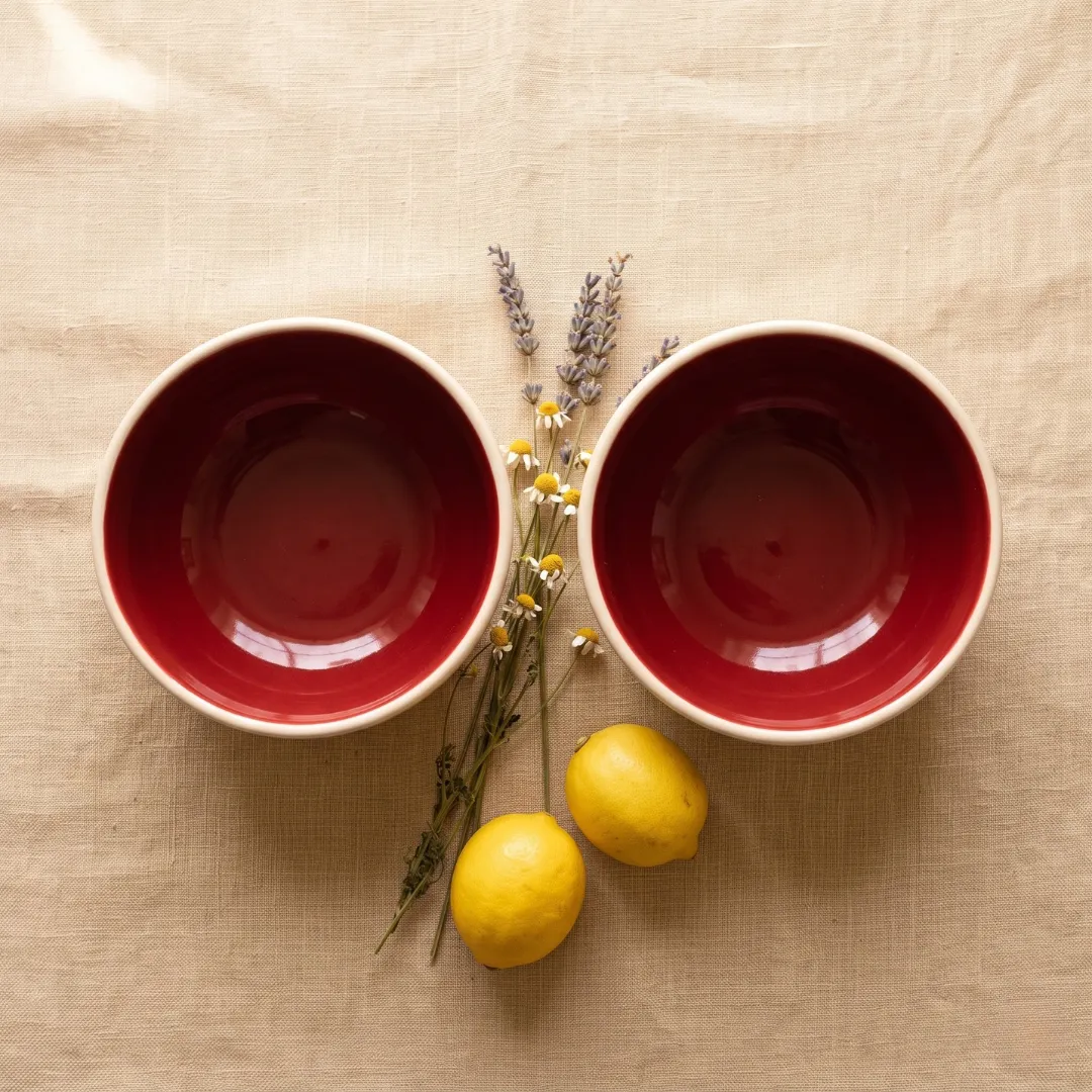 Harmiche Crimson Ember Ceramic Soup Bowls Set of 2 – 300ml, deep red glaze, matte cream exterior, handcrafted. Food safe. Shop now.
