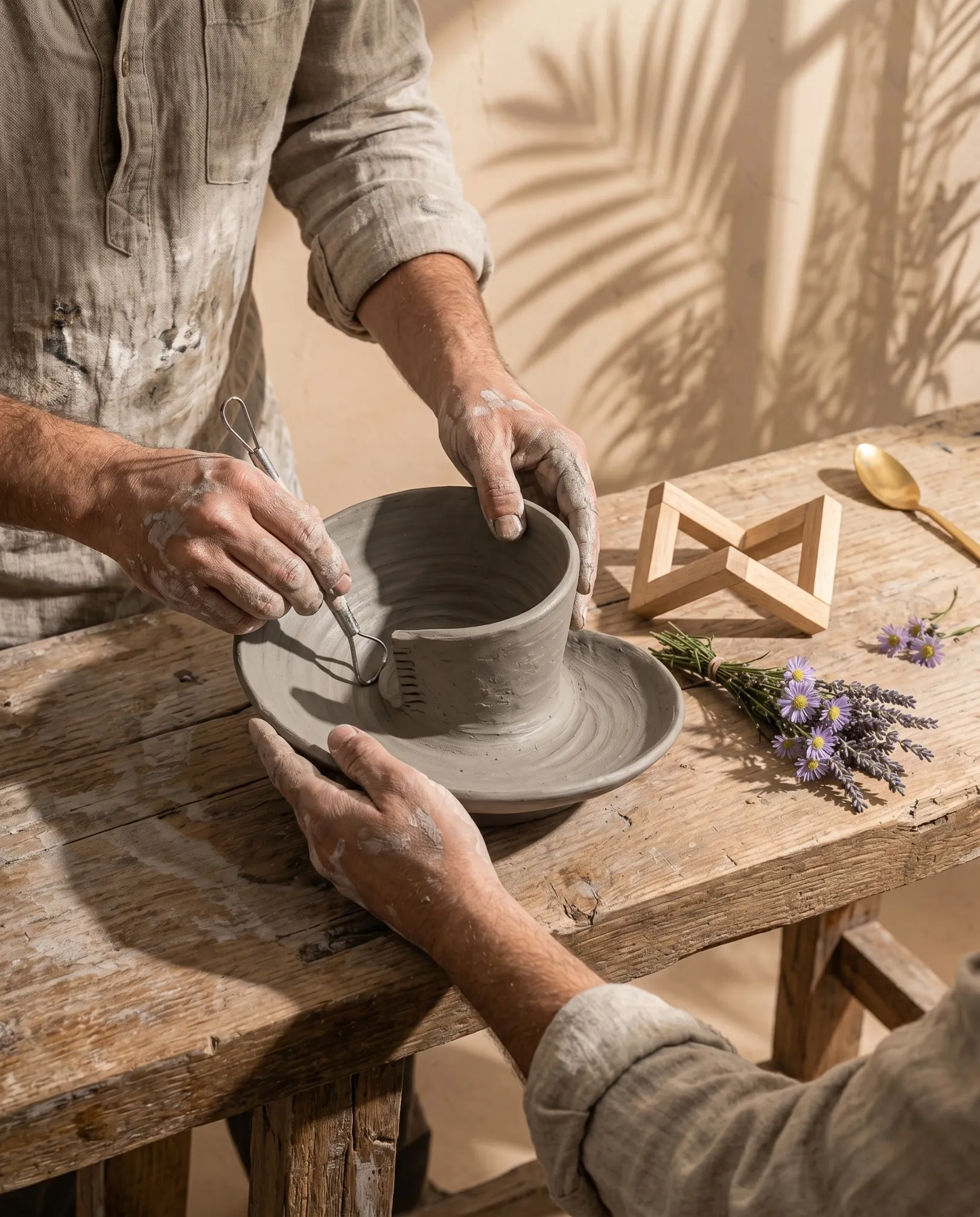Harmiche artisan shaping the Neela Vortex handcrafted ceramic platter