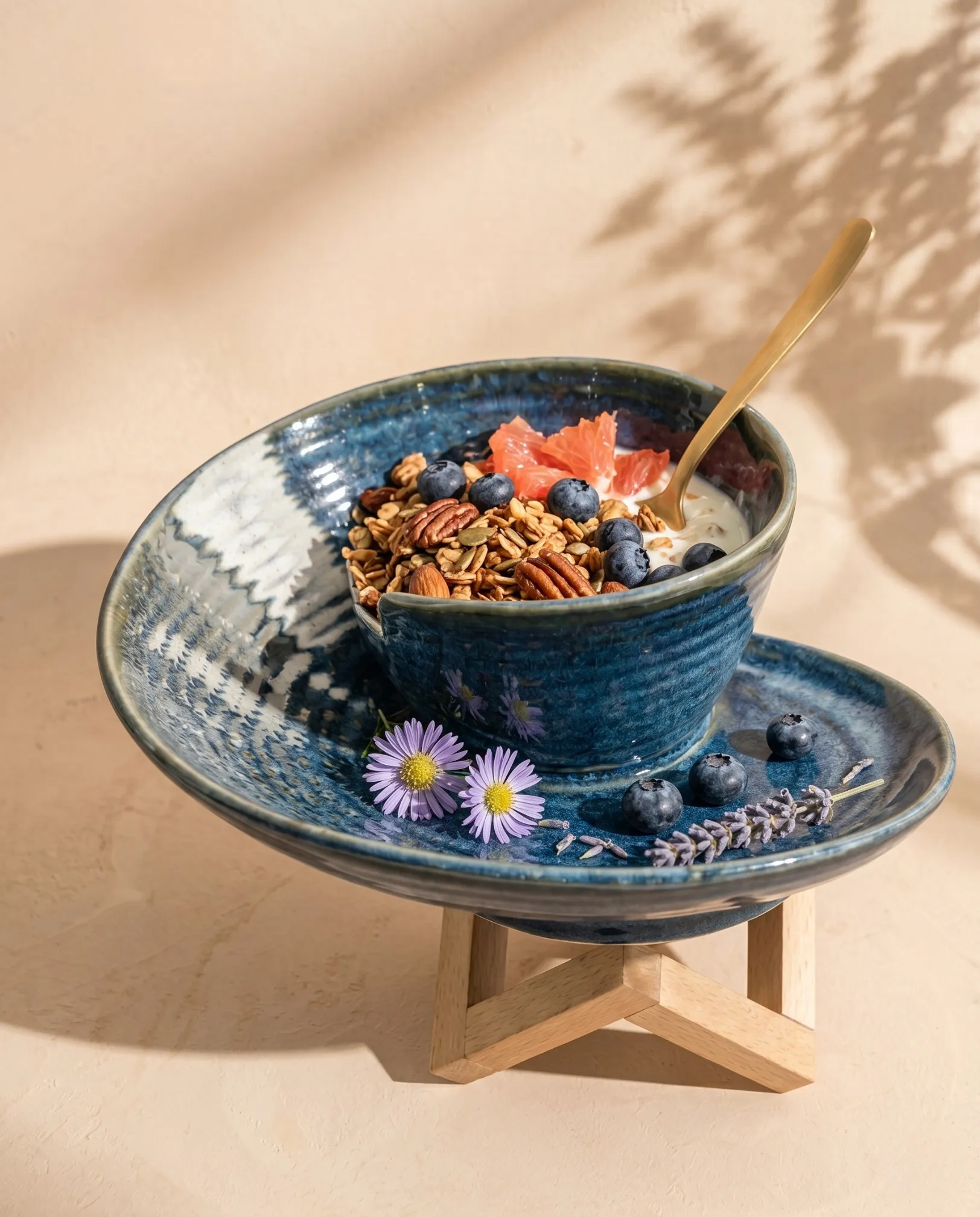 Harmiche Neela Vortex handcrafted ceramic platter and bowl styled with granola, blueberries, and dried lavender in warm natural light