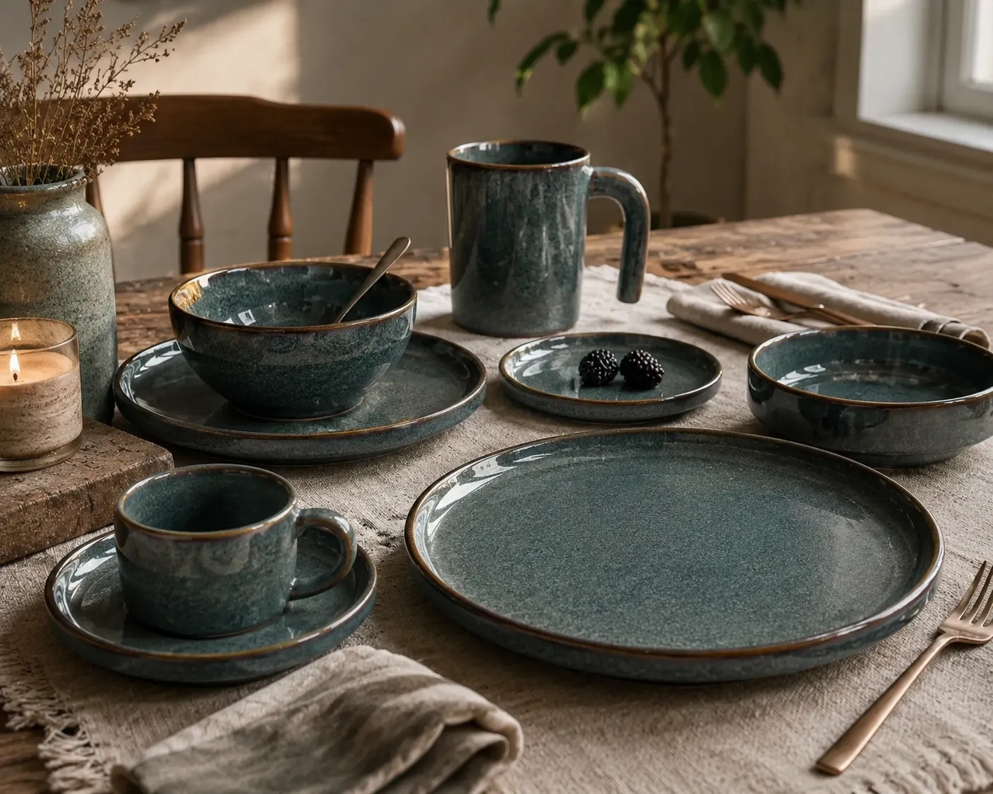 Harmiche Storm Ash ceramic tableware collection arranged on a dining table