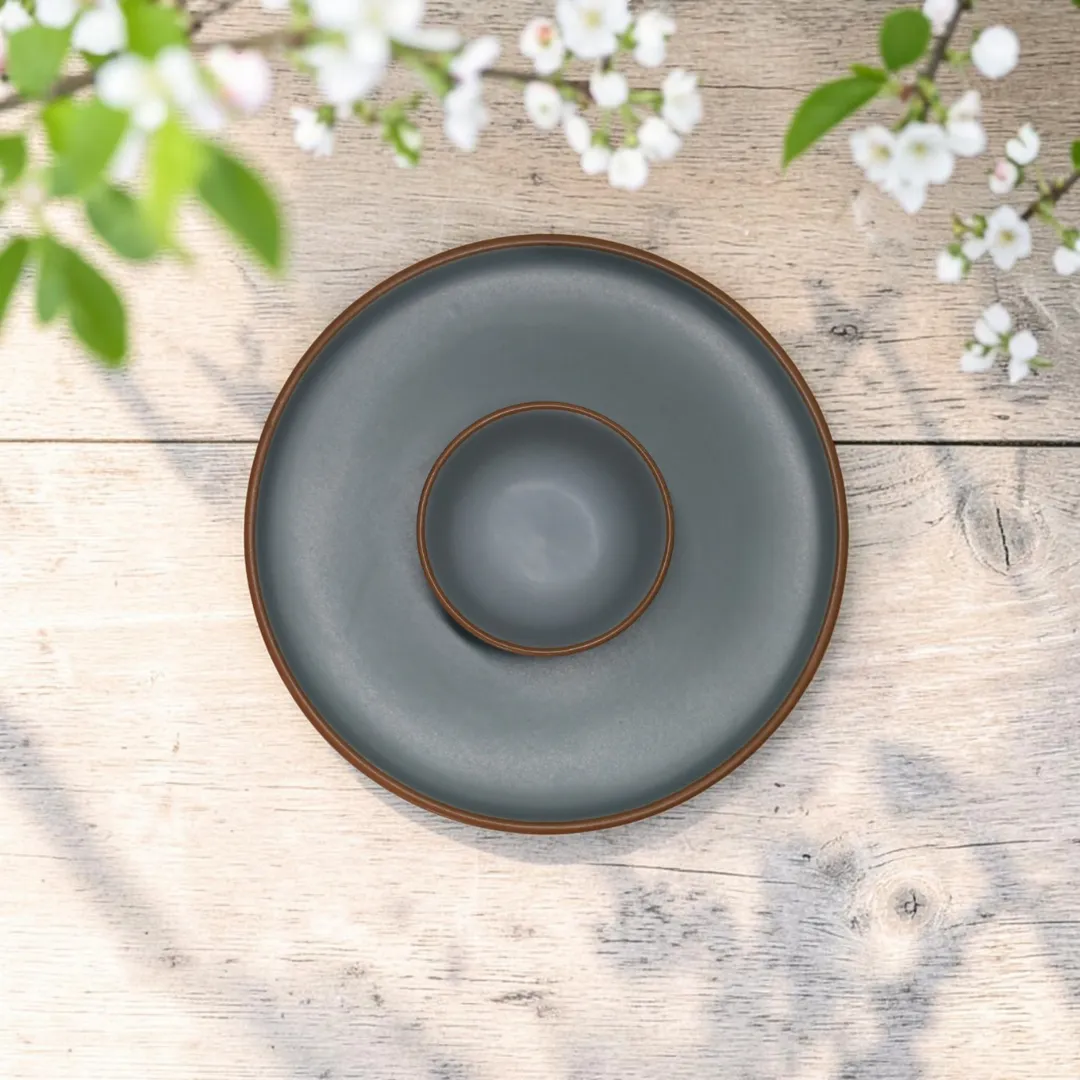 Harmiche Signature Grey 18-Piece Stoneware Dinner Set | Plates, bowls & katoris in matte slate. Oven & dishwasher safe. Complete table, one set.