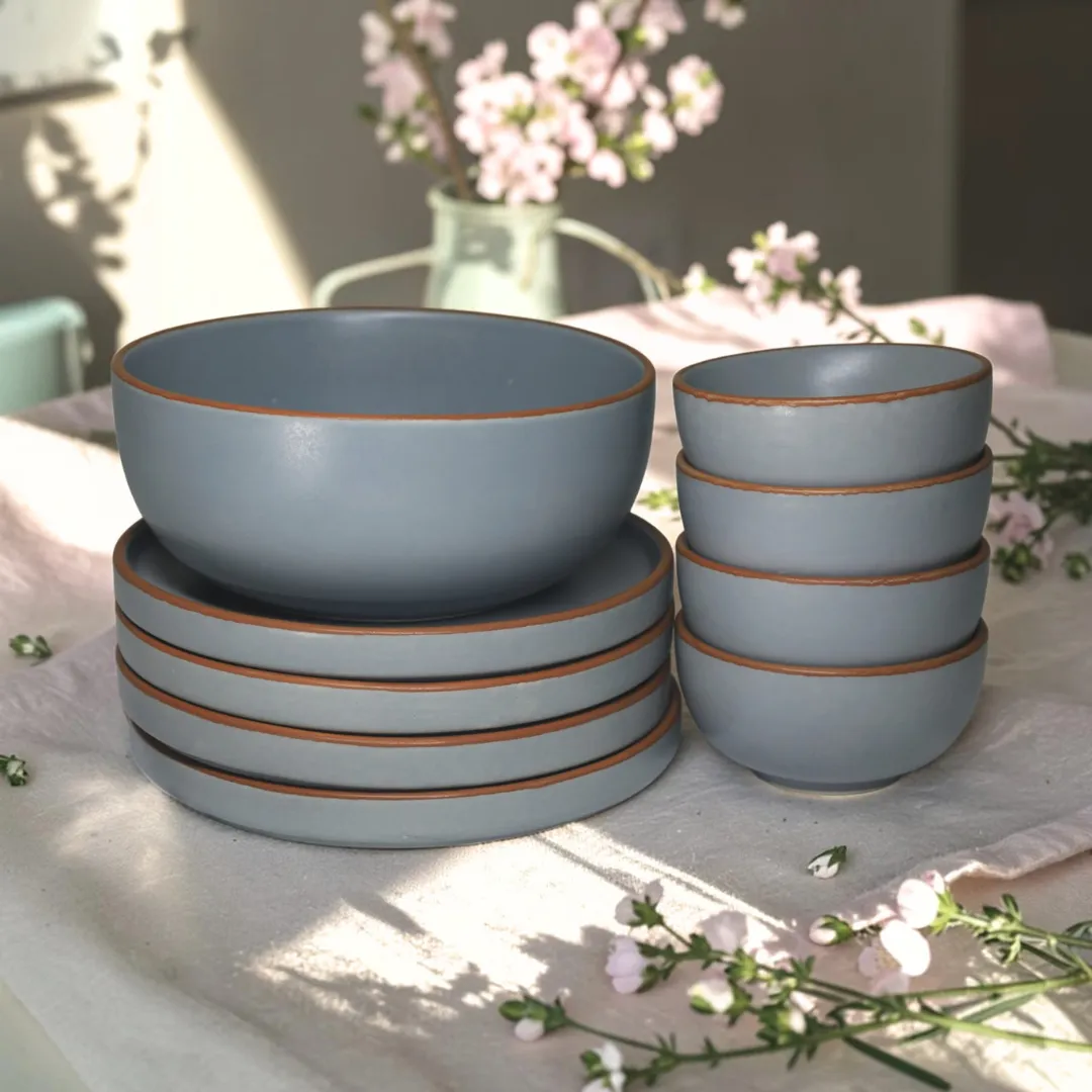 Harmiche Signature Grey 18-Piece Stoneware Dinner Set | Plates, bowls & katoris in matte slate. Oven & dishwasher safe. Complete table, one set.