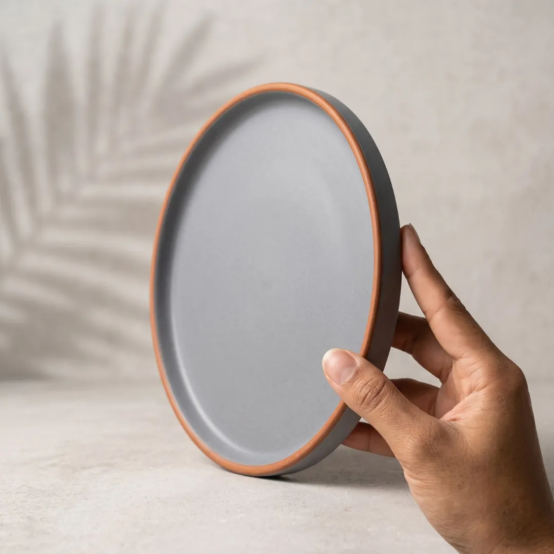 Harmiche Signature Grey Stoneware Dinner Plate, 10 inch | Matte slate, terracotta rim. Single, Set of 2, 4 & 6. Oven & dishwasher safe. Shop.
