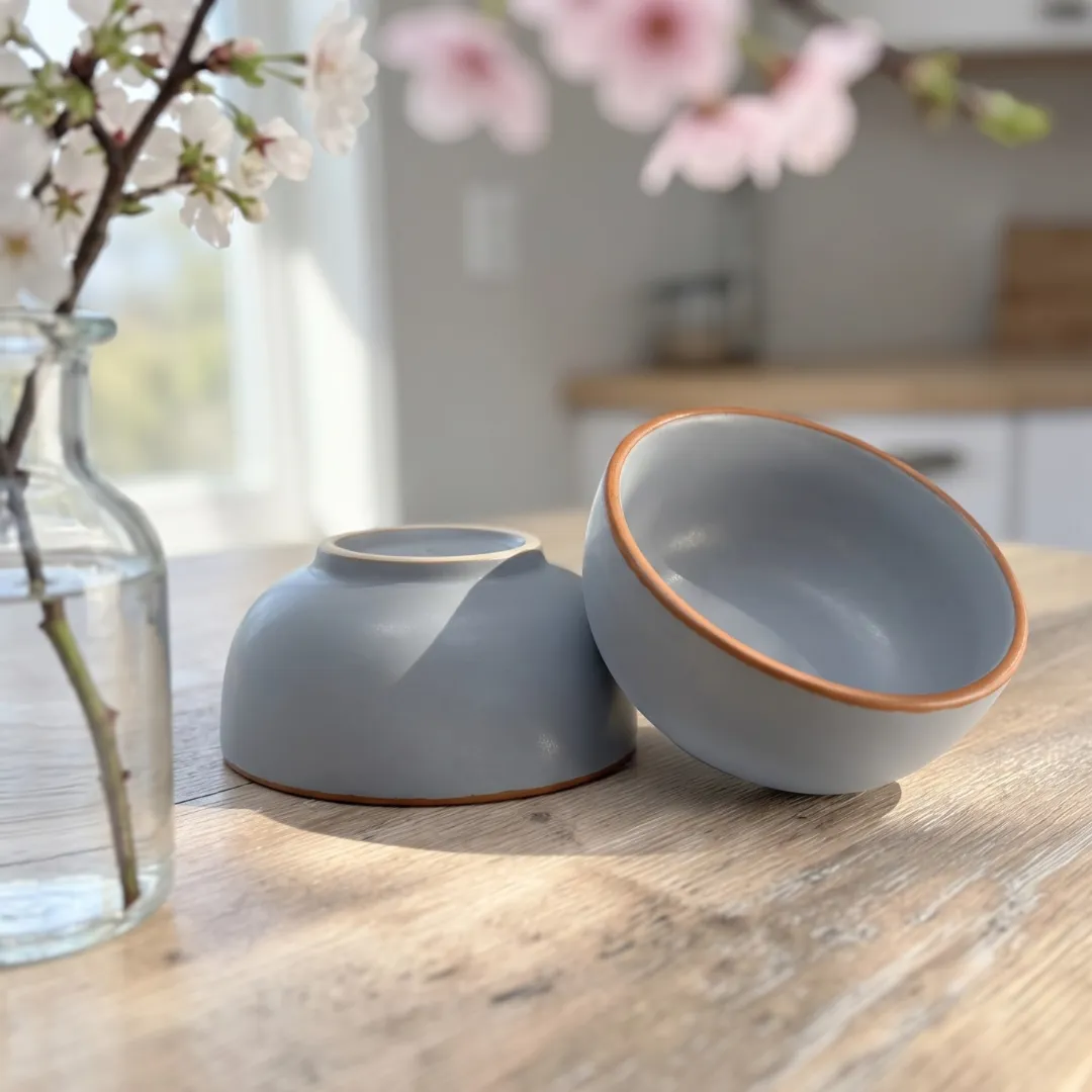 Harmiche Signature Grey Stoneware Soup Bowls, Set of 2 | 300ml, matte slate glaze, terracotta rim detail. Oven & dishwasher safe. Shop now.