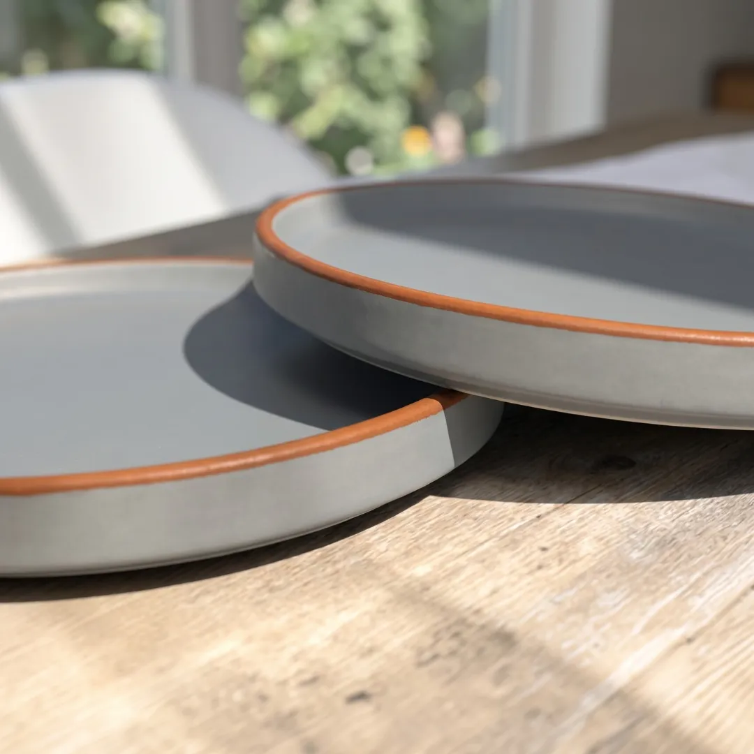Harmiche Signature Grey Stoneware Quarter Plate, 8 inch | Matte slate, terracotta rim. Single, Set of 2, 4 & 6. Oven & dishwasher safe. Shop.
