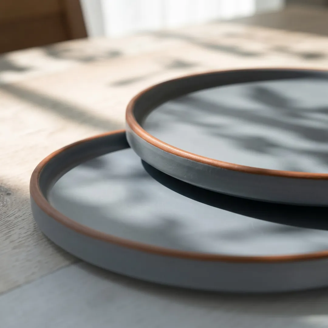 Harmiche Signature Grey Stoneware Dinner Plate, 10 inch | Matte slate, terracotta rim. Single, Set of 2, 4 & 6. Oven & dishwasher safe. Shop.