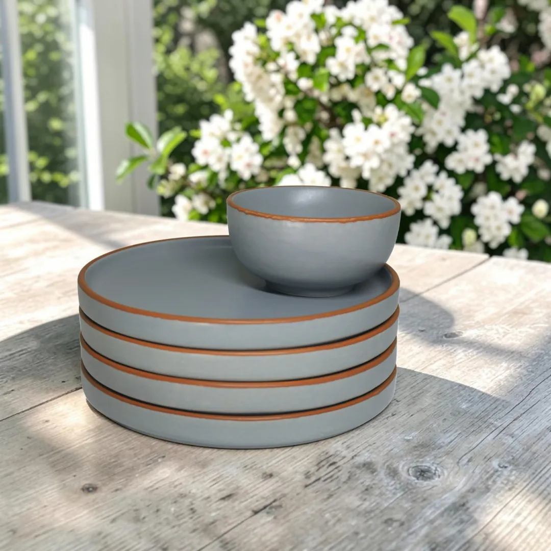 Harmiche Signature Grey 18-Piece Stoneware Dinner Set | Plates, bowls & katoris in matte slate. Oven & dishwasher safe. Complete table, one set.
