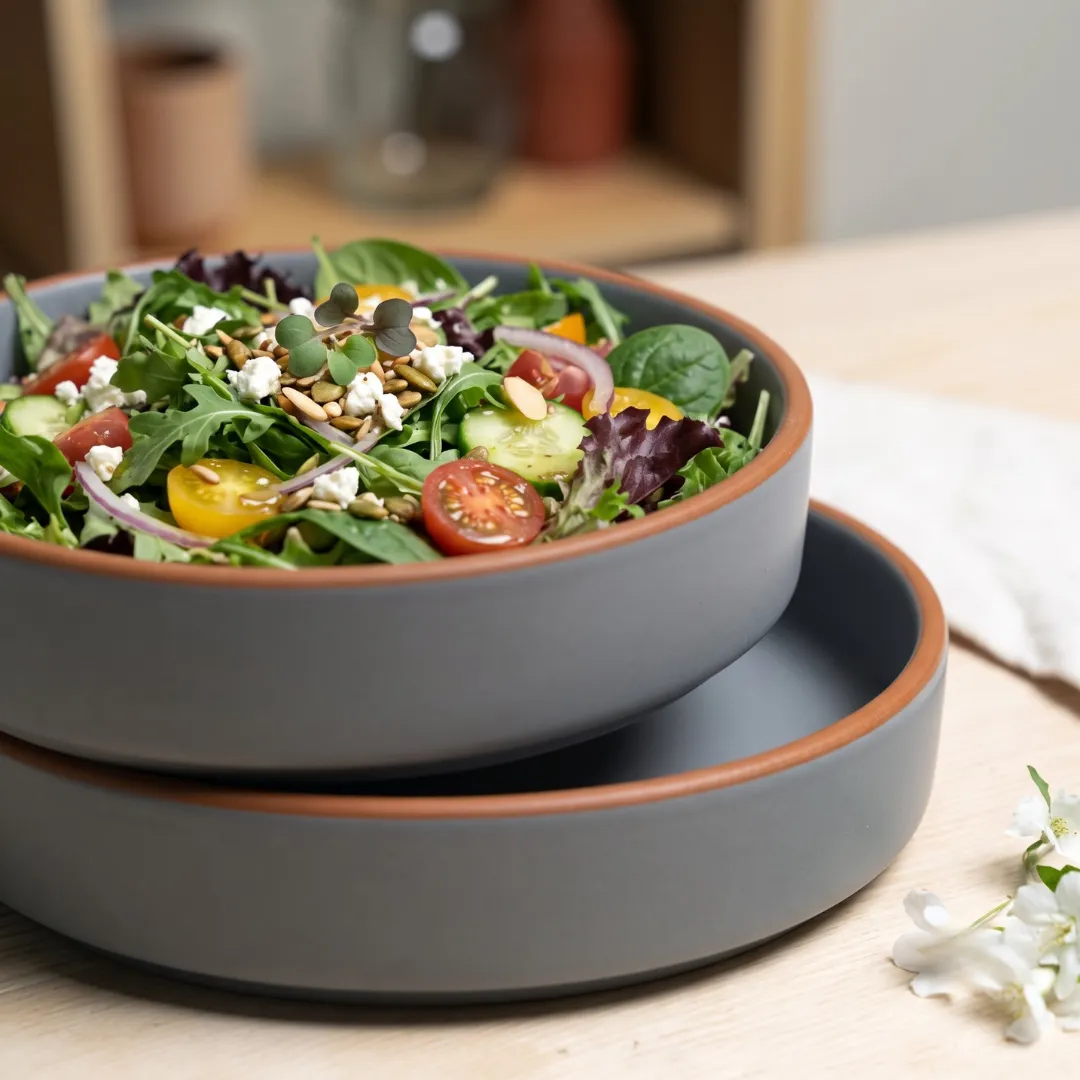 Harmiche Signature Grey Stoneware Salad Bowls, Set of 2 | 8 inch, matte slate glaze, exposed terracotta rim. Oven & dishwasher safe. Shop now.