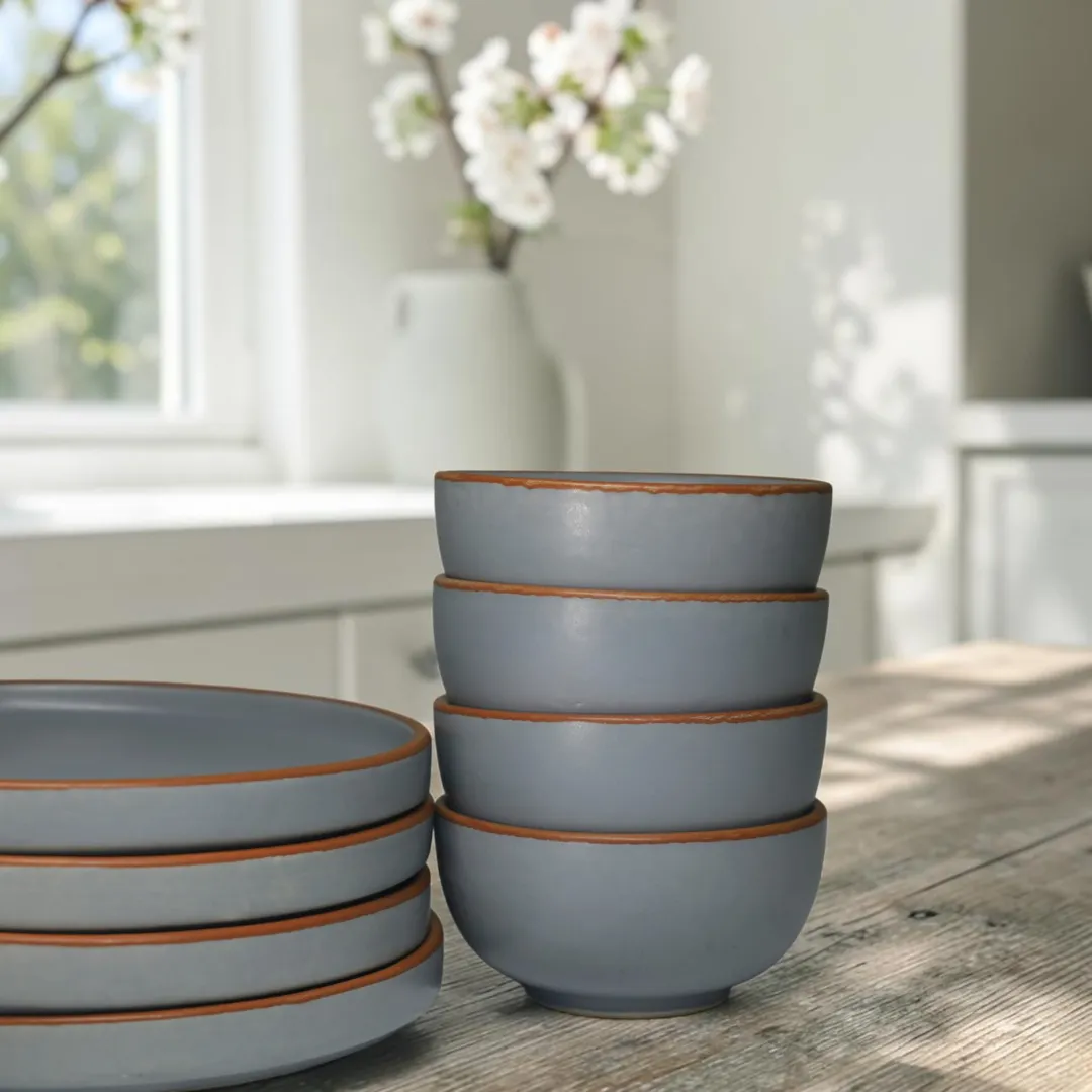 Harmiche Signature Grey 18-Piece Stoneware Dinner Set | Plates, bowls & katoris in matte slate. Oven & dishwasher safe. Complete table, one set.
