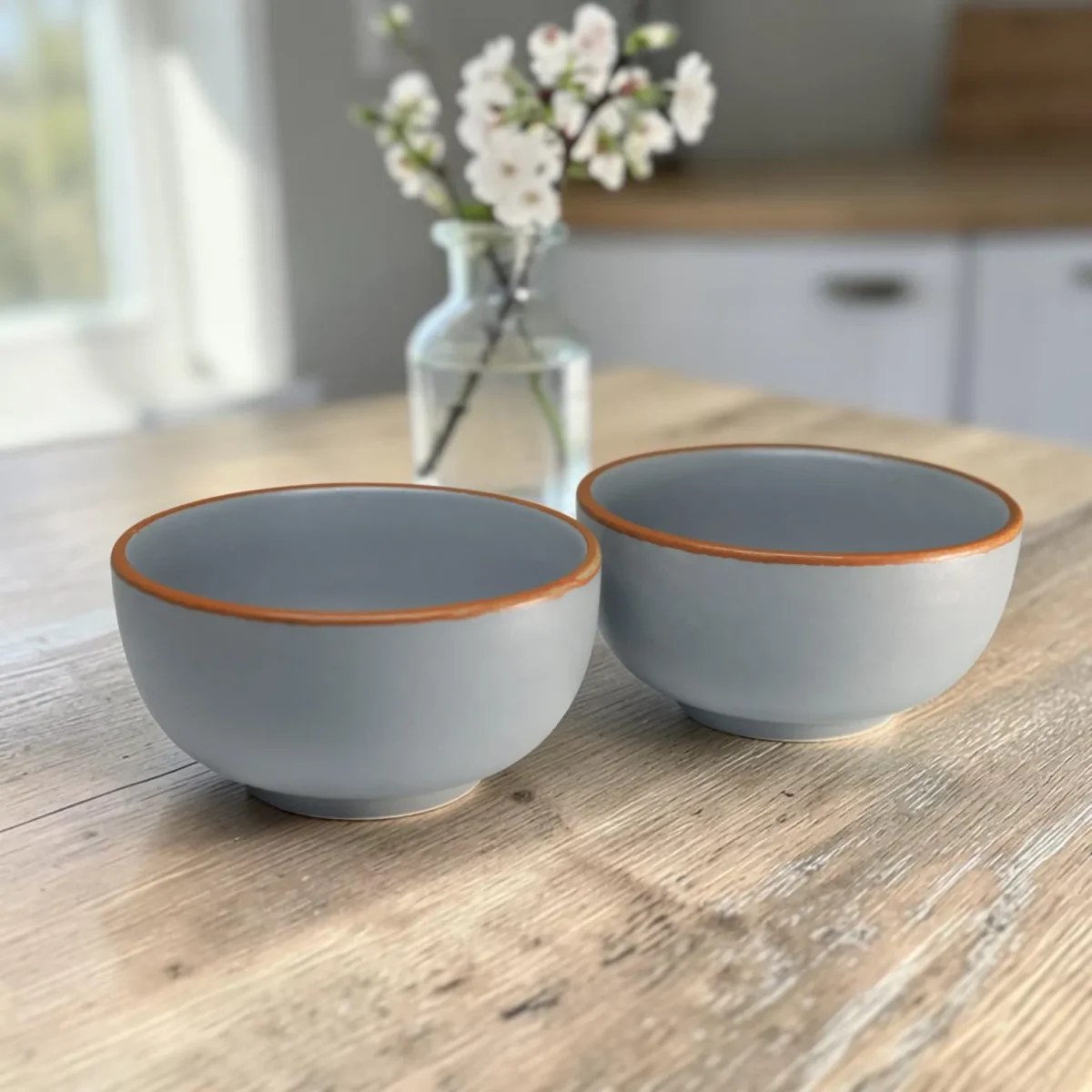 Harmiche Signature Grey Stoneware Soup Bowls, Set of 2 | 300ml, matte slate glaze, terracotta rim detail. Oven & dishwasher safe. Shop now.