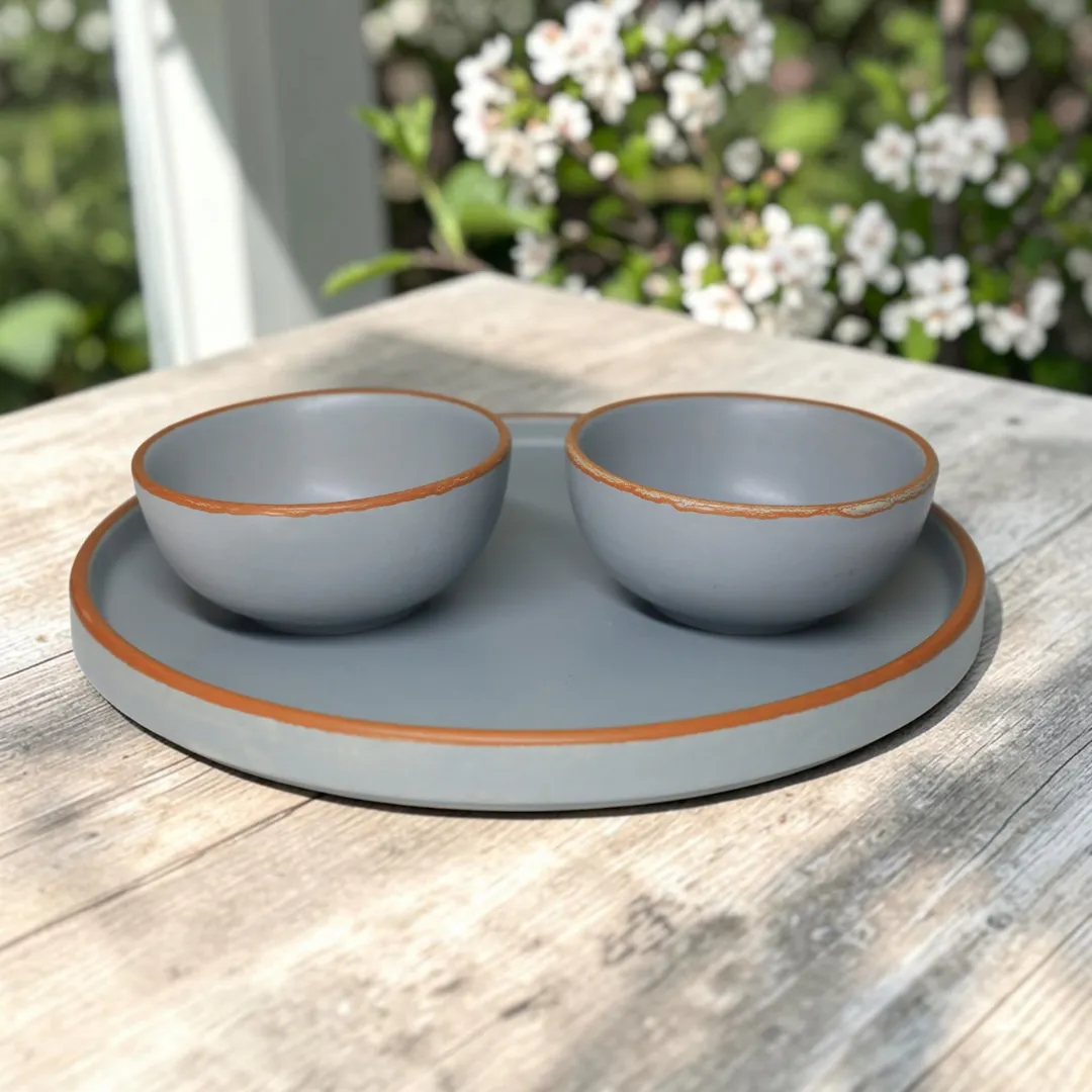 Harmiche Signature Grey 18-Piece Stoneware Dinner Set | Plates, bowls & katoris in matte slate. Oven & dishwasher safe. Complete table, one set.
