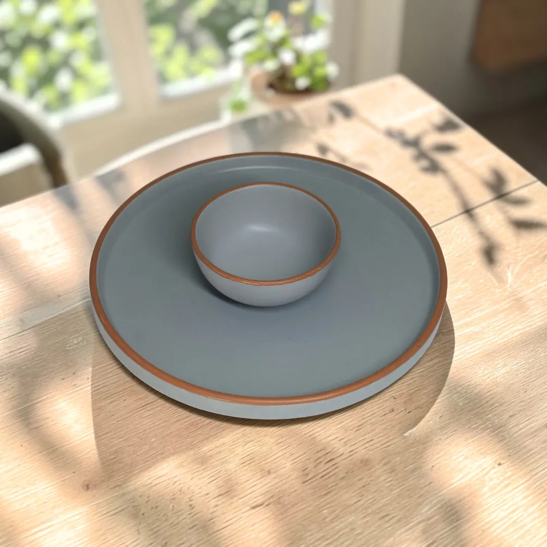 Harmiche Signature Grey 18-Piece Stoneware Dinner Set | Plates, bowls & katoris in matte slate. Oven & dishwasher safe. Complete table, one set.