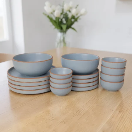 Harmiche Signature Grey 18-Piece Stoneware Dinner Set | Plates, bowls & katoris in matte slate. Oven & dishwasher safe. Complete table, one set.