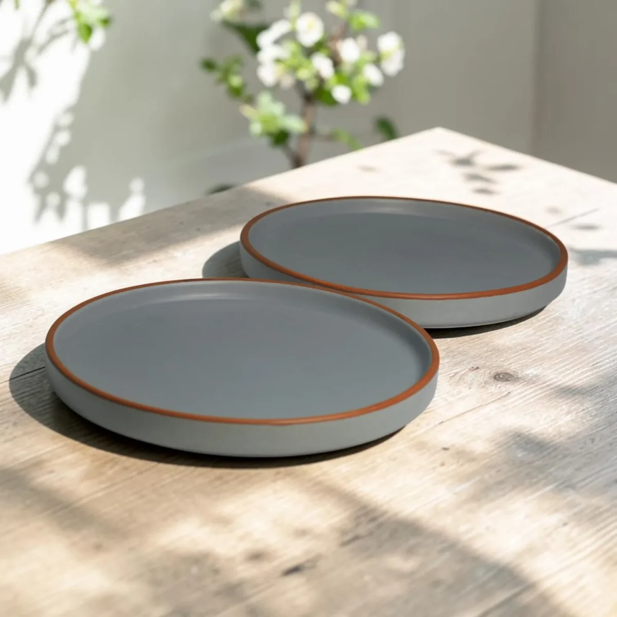 Harmiche Signature Grey Stoneware Quarter Plate, 8 inch | Matte slate, terracotta rim. Single, Set of 2, 4 & 6. Oven & dishwasher safe. Shop.