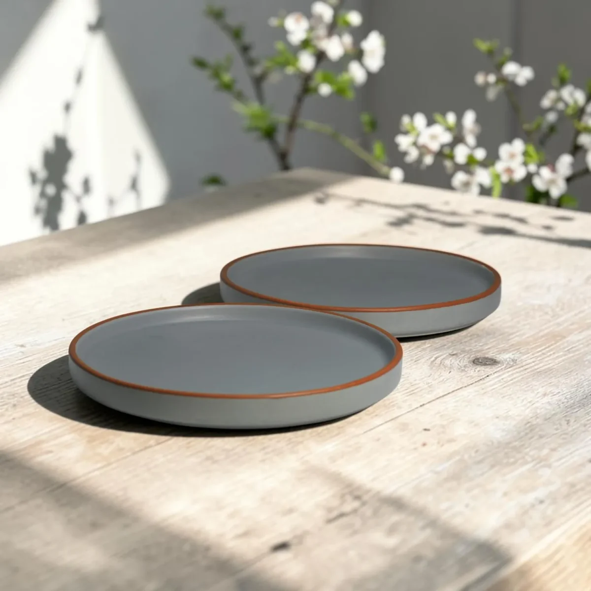 Harmiche Signature Grey Stoneware Quarter Plate, 8 inch | Matte slate, terracotta rim. Single, Set of 2, 4 & 6. Oven & dishwasher safe. Shop.