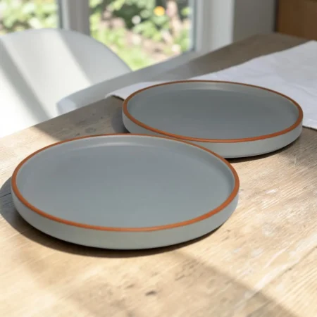 Harmiche Signature Grey Stoneware Quarter Plate, 8 inch | Matte slate, terracotta rim. Single, Set of 2, 4 & 6. Oven & dishwasher safe. Shop.