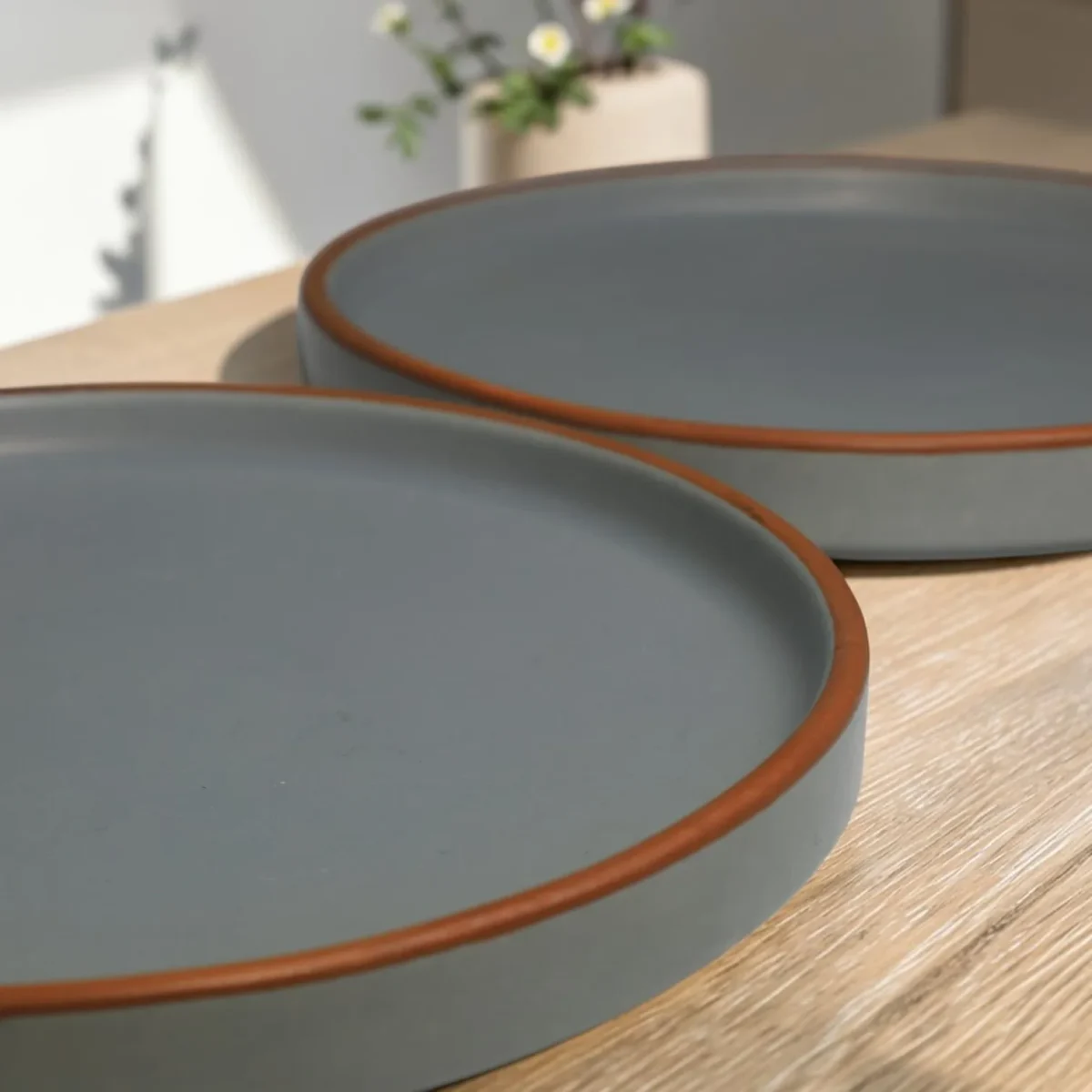 Harmiche Signature Grey Stoneware Quarter Plate, 8 inch | Matte slate, terracotta rim. Single, Set of 2, 4 & 6. Oven & dishwasher safe. Shop.