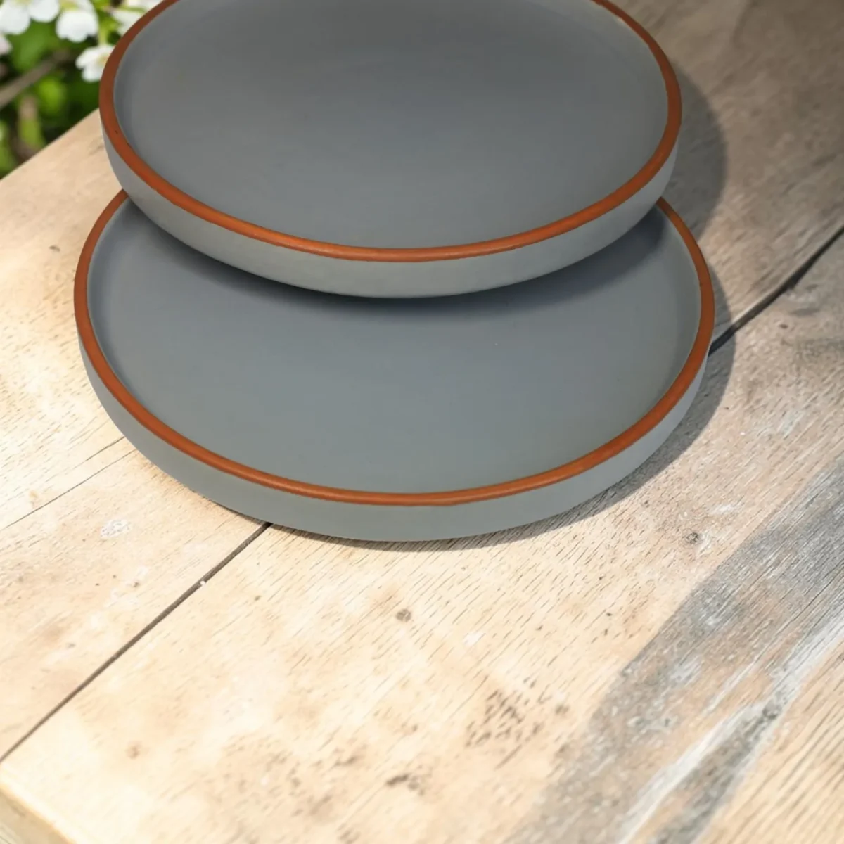 Harmiche Signature Grey Stoneware Quarter Plate, 8 inch | Matte slate, terracotta rim. Single, Set of 2, 4 & 6. Oven & dishwasher safe. Shop.