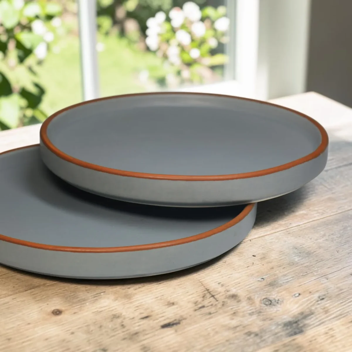Harmiche Signature Grey Stoneware Quarter Plate, 8 inch | Matte slate, terracotta rim. Single, Set of 2, 4 & 6. Oven & dishwasher safe. Shop.