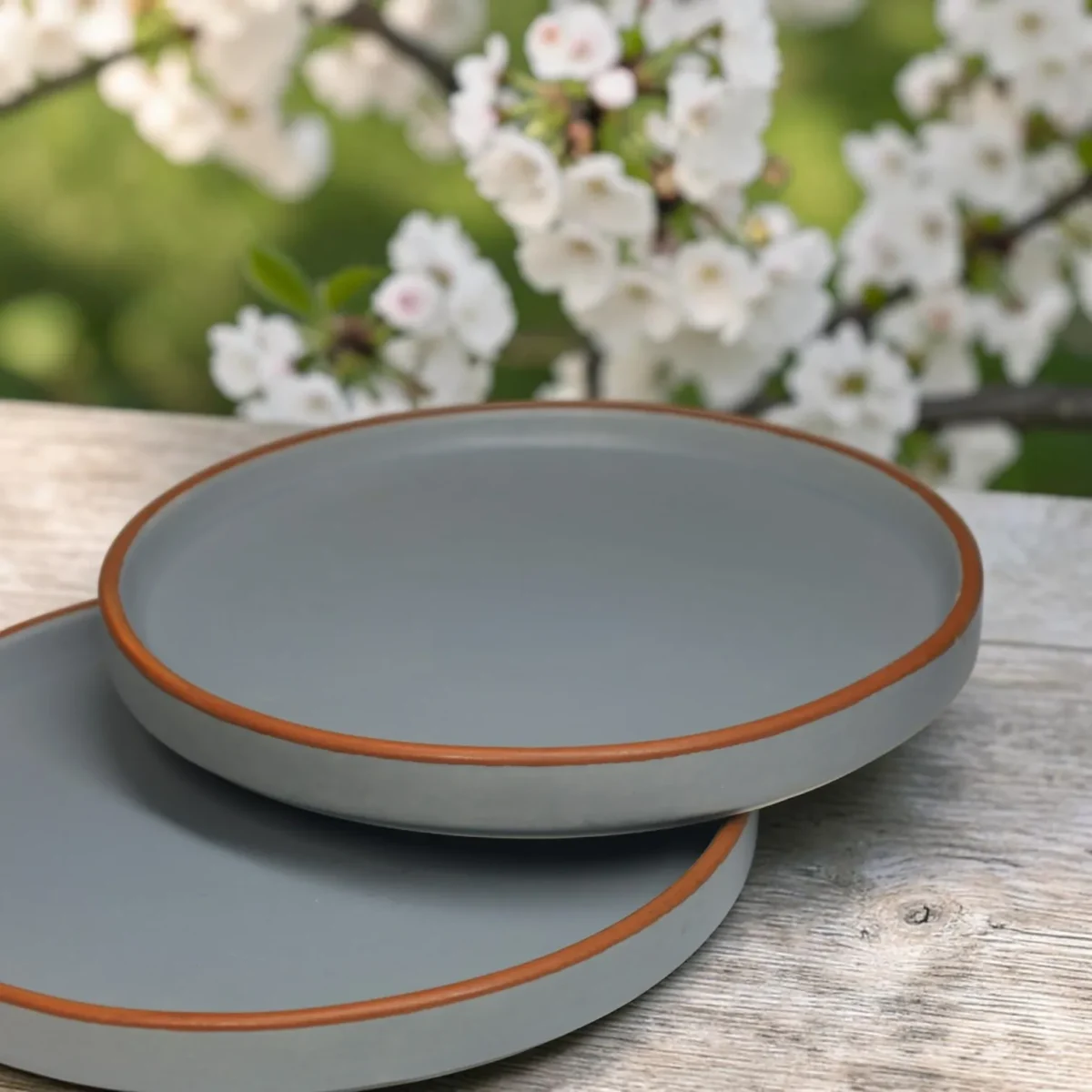 Harmiche Signature Grey Stoneware Quarter Plate, 8 inch | Matte slate, terracotta rim. Single, Set of 2, 4 & 6. Oven & dishwasher safe. Shop.
