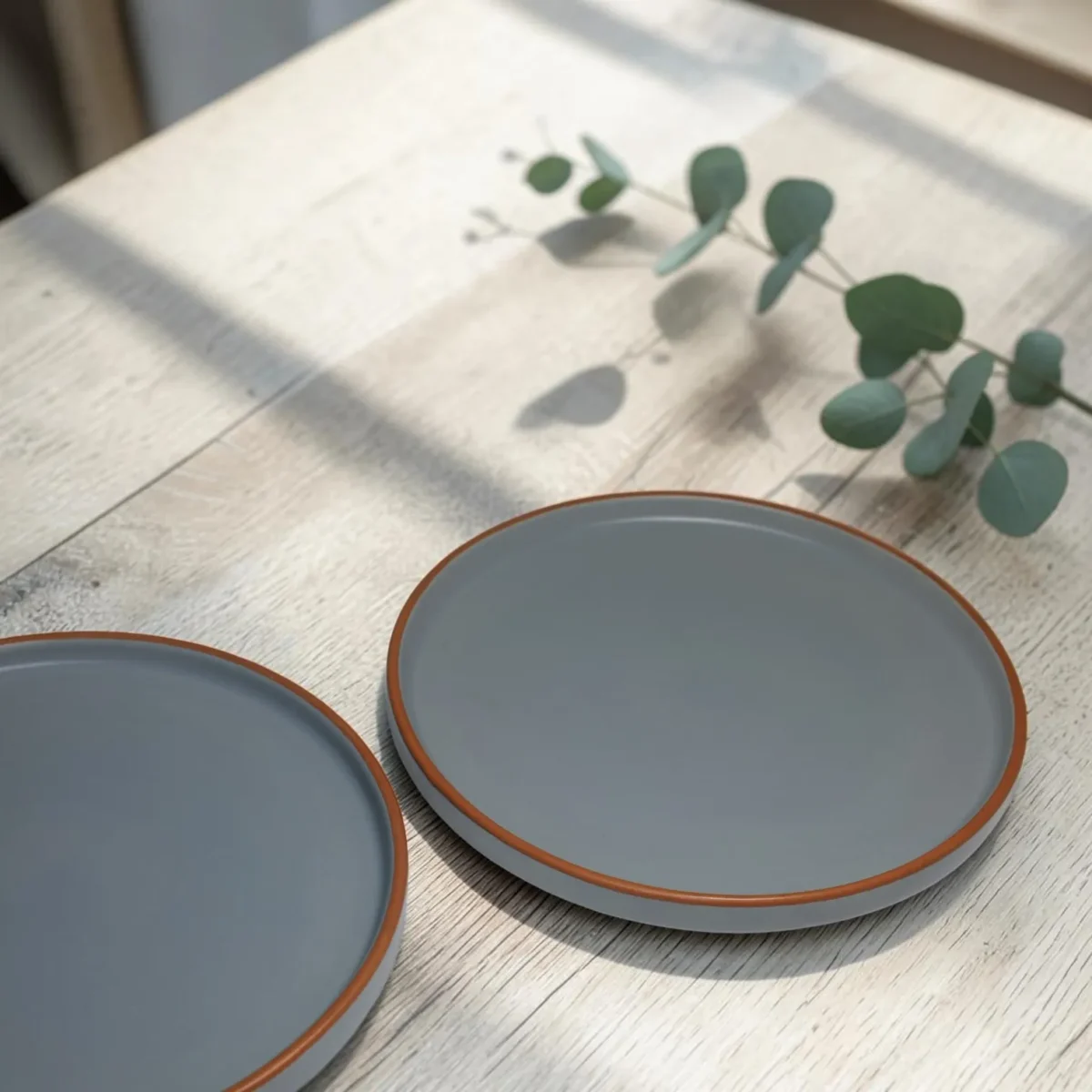 Harmiche Signature Grey Stoneware Dinner Plate, 10 inch | Matte slate, terracotta rim. Single, Set of 2, 4 & 6. Oven & dishwasher safe. Shop.