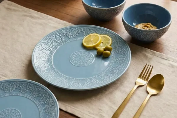 Eira in pastel blue — because your everyday table deserves soft luxury. 🩵Embossed details. Stud_converted Custom ceramic tableware and serveware for hotels, cafés and restaurants